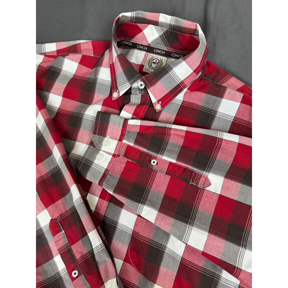 Cinch Mens Plaid Button Down Shirt Red Black White Long Sleeve Western Medium